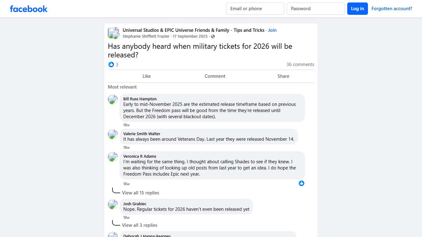 Universal Studios & EPIC Universe Friends & Family - Tips and Tricks Has anybody heard when military tickets for 2026 will be released Facebook