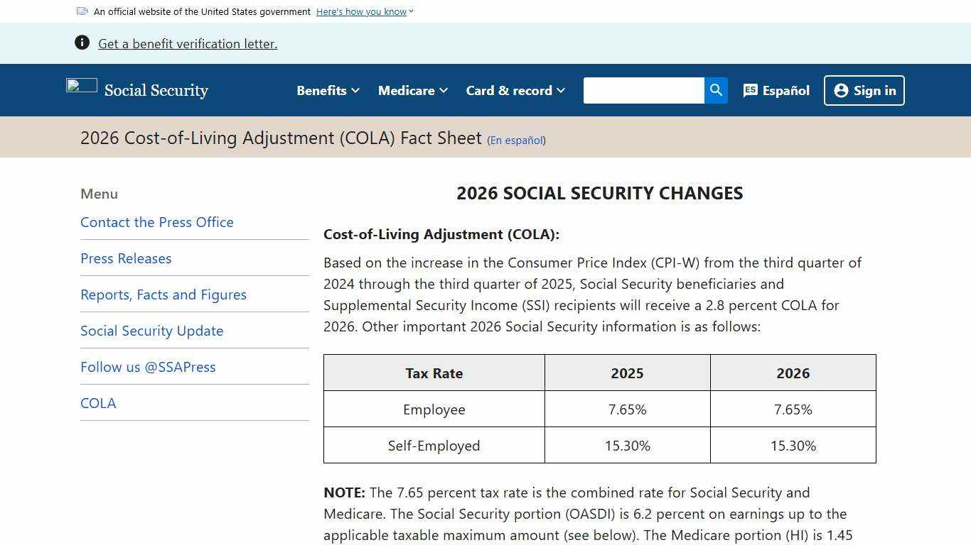 2026 Cost-of-Living Adjustment (COLA) Fact Sheet News SSA